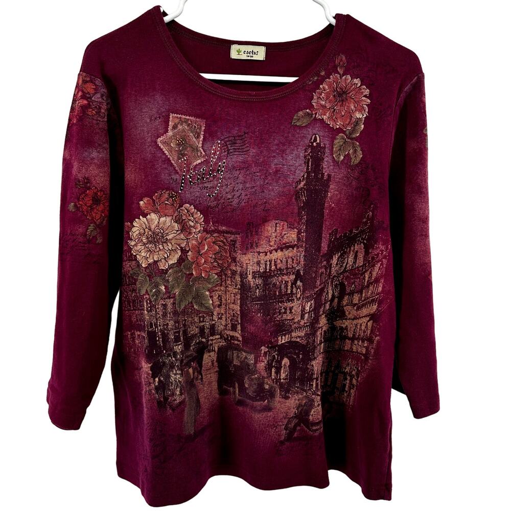 Vintage Cactus Long Sleeve Top Jeweled Rhinestone Italy Graphic Maroon Large